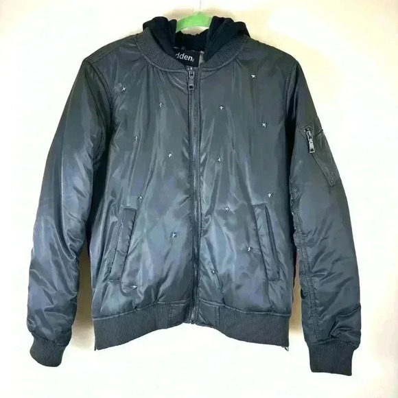 Madden NYC Dark Green Star Studded Hooded Zip Bomber Coat Size XL - Picture 2 of 16